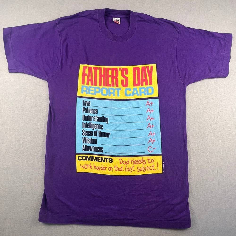 Vintage 90s Fathers Day T Shirt Men's XL Purple Report Card Gift Gag Dad Joke Ha
